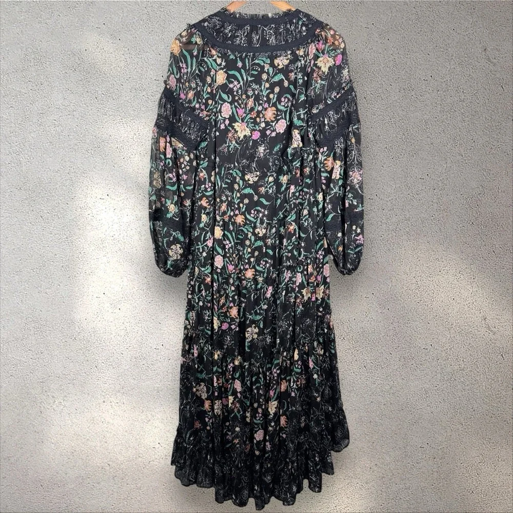 Free‎ People Cassis Printed Chiffon Maxi Dress Floral Print Black Sz XS Boho